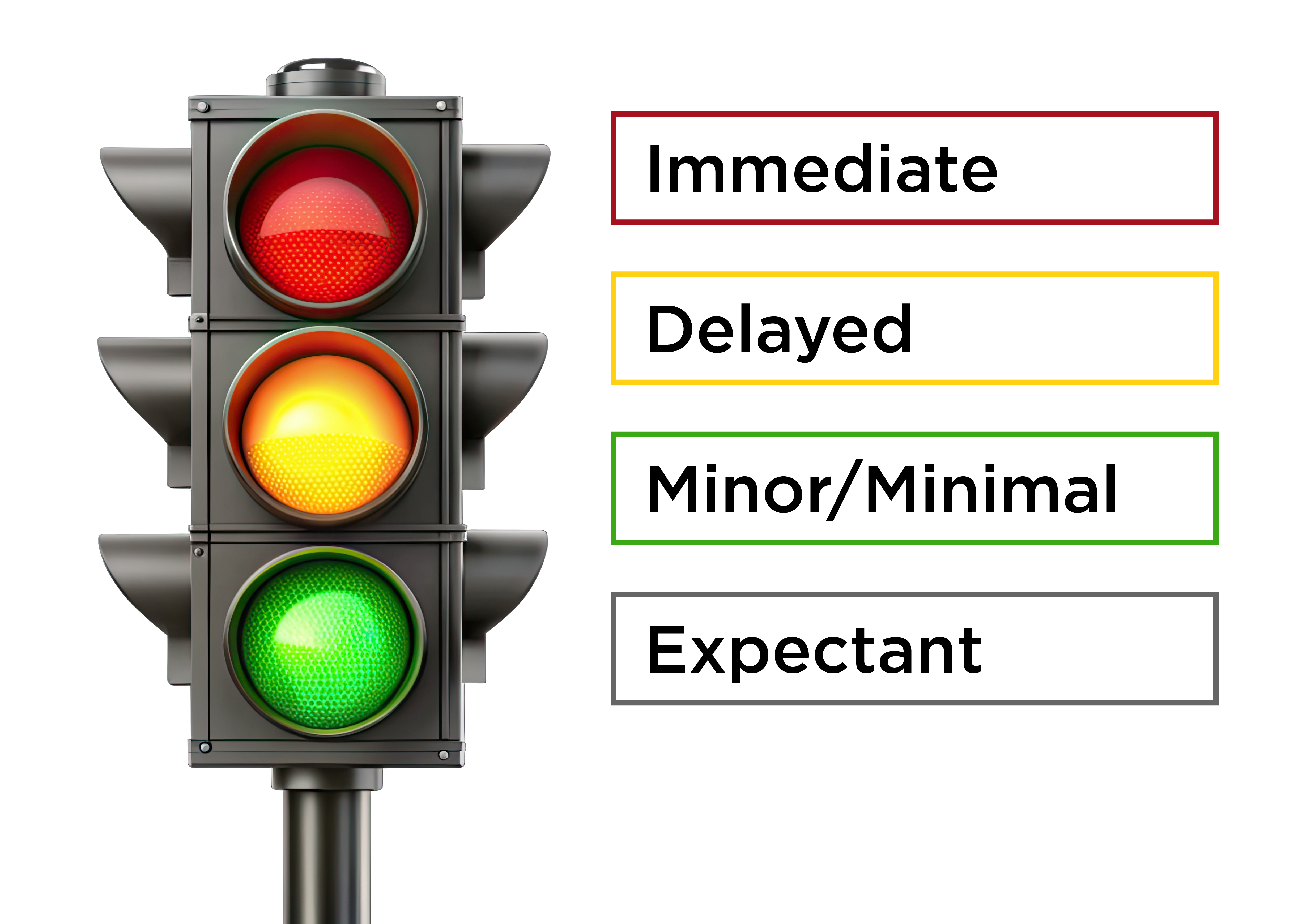 Traffic light graphic used to represent triage categories: Red (Immediate), Yellow (Delayed), Green (Minor/Minimal), and Gray