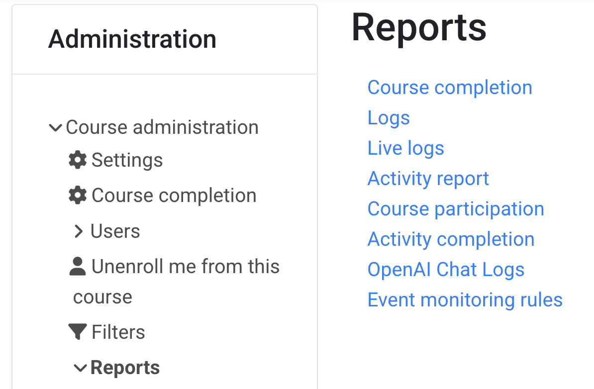Course administration and reports settings